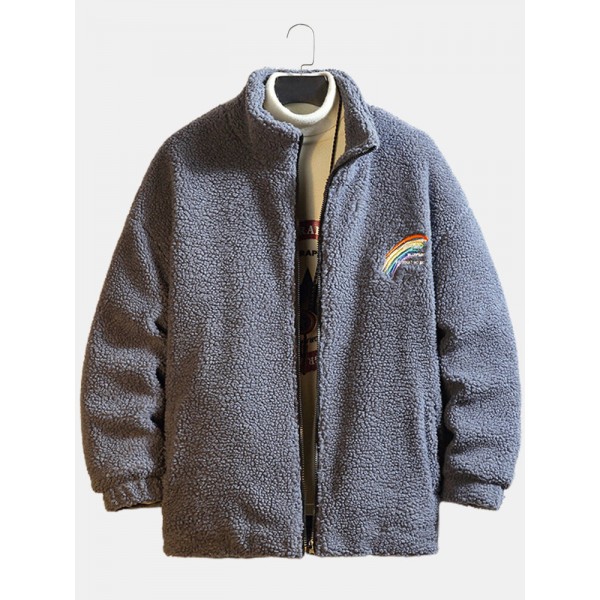 Mens Letter Rainbow Embroidered Zip Front Fleece Warm Casual Jacket