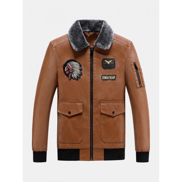 Mens Embroidered Faux Fur Collar PU Leather Bomber Jacket