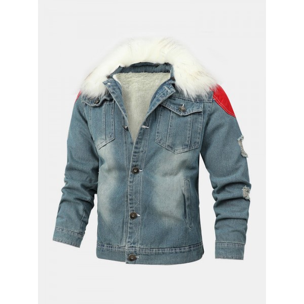 Mens Button Up Stone Washed Multi Pocket Fur Fluffy Collar Thick Casual Denim Jacket