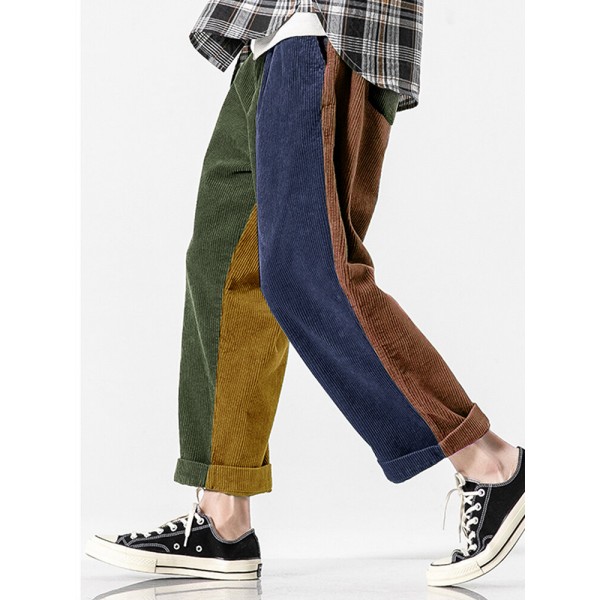 Mens Patchwork Solid Color Corduroy Pocket Casual Pants