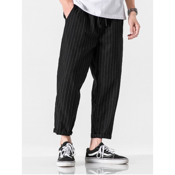 Mskufo Designed Mens 100% Cotton Stripe Drawstring Fit Comfy Casual Pants