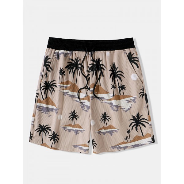 Mens Coconut Tree Landscape Print Vacation Corduroy Shorts