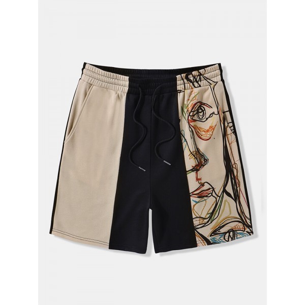 Mens Abstract Face Print Color Block Patchwork Drawstring Waist Shorts