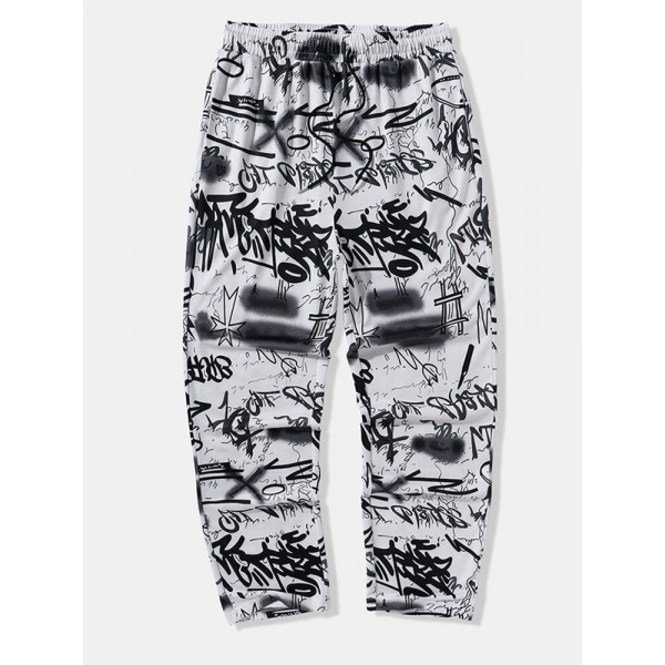 Mens Allover Graffiti Print Drawstring Waist Loose Straight Pants