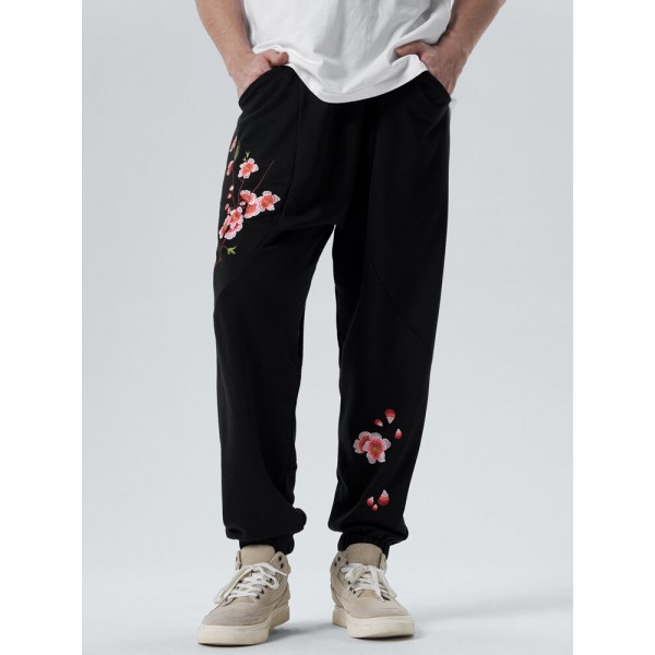 Mens Floral Embroidered Seam Detail Loose Drawstring Waist Sweatpants