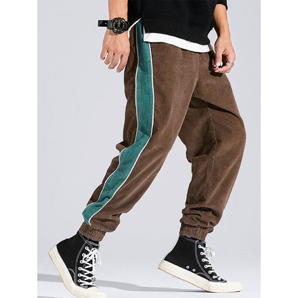 Mskufo Designed Corduroy Mens Side Stripe Pocket Drawstring Beam Feet Casual Pants