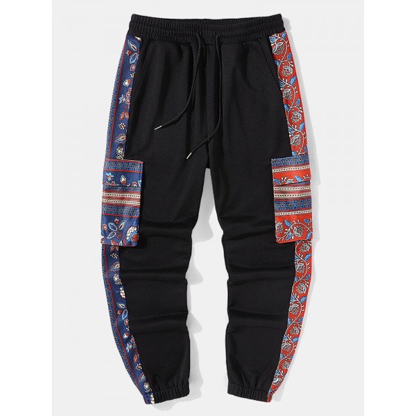 Mens Ethnic Floral Print Patchwork Flap Pocket Drawstring Sweatpants