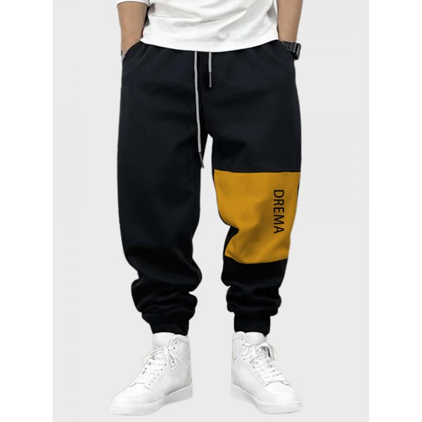 Mens Letter Print Color Block Patchwork Loose Sweatpants