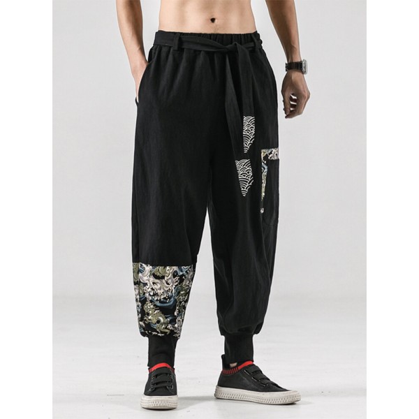 Mens Japanese Style Print Patchwork Cotton Loose Belted Pants