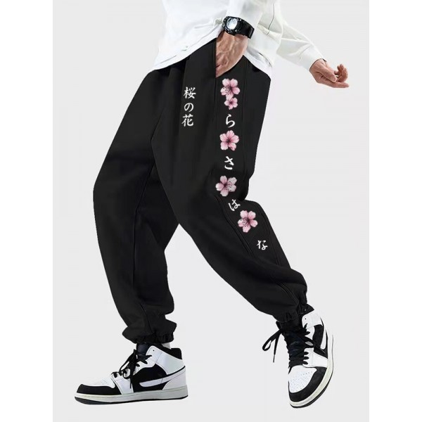 Mens Japanese Cherry Blossoms Side Print Street Drawstring Sweatpants