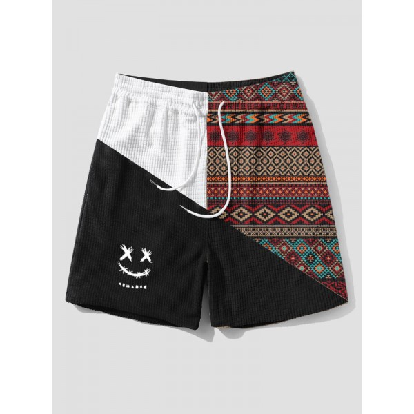 Mens Ethnic Geometric Funny Face Pattern Patchwork Corduroy Shorts