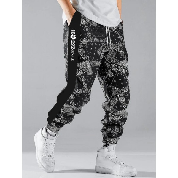 Mens Japanese Paisley Print Side Stripe Patchwork Loose Drawstring Pants