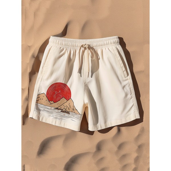 Mens Sunset Landscape Print Japanese Style Drawstring Shorts