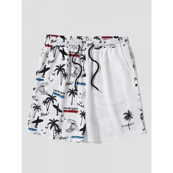 Mens Coconut Tree Print Patchwork Hawaiian Vacation Drawstring Shorts