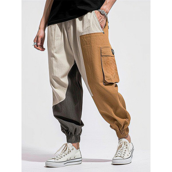 Mens Color Block Patchwork Elastic Cuff Loose Cargo Pants