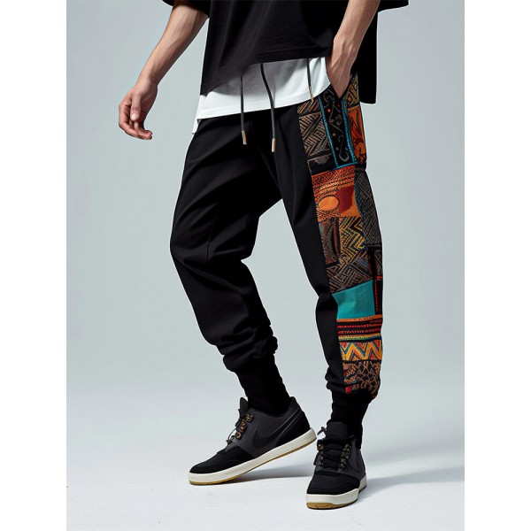 Mens Ethnic Pattern Patchwork Drawstring Waist Loose Sweatpants