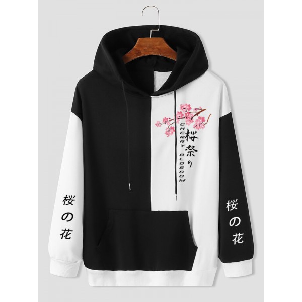 Mens Sakuras Letters Printed Pocket Long Sleeve Hoodies