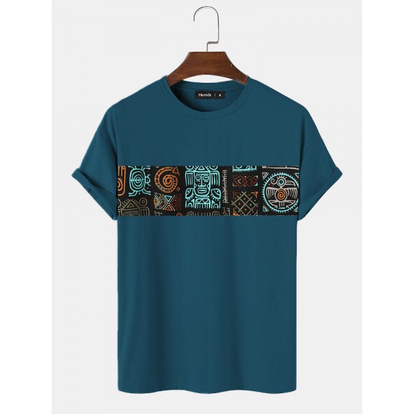 Mens Tribal Pattern Patchwork Crew Neck Short Sleeve T-Shirts