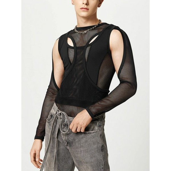 Mens Cutout Mesh See Through Solid Long Sleeve T-Shirt