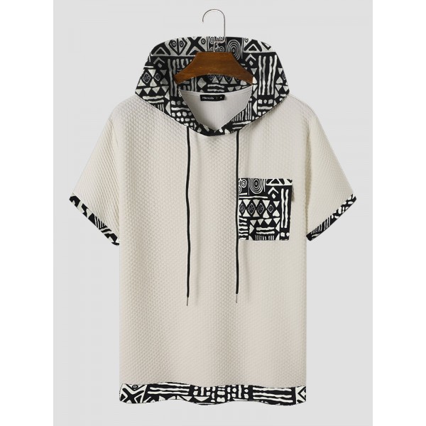 Mens Monochrome Geometric Print Splice Texture Short Sleeve Hooded T-Shirts