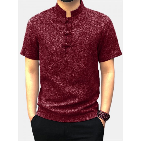 Men Casual Short Sleeve Stand Collar Chinese Style Button Shirts Kung Fu Top Tee