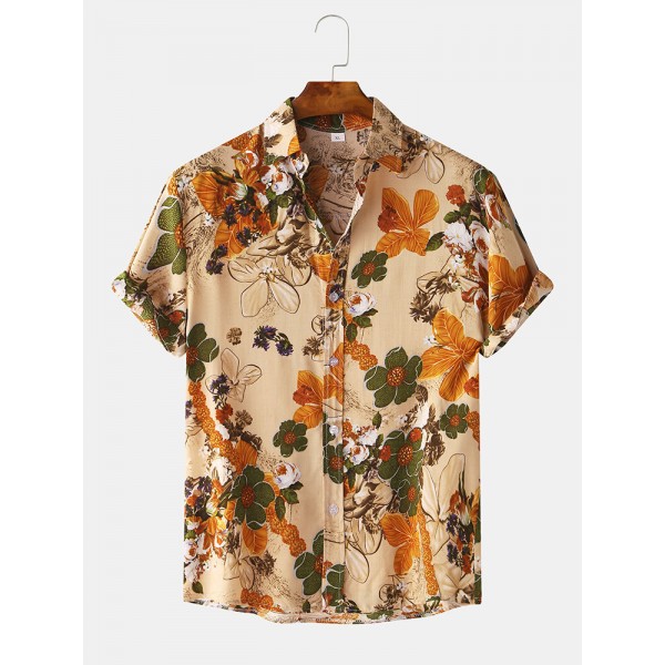 Mens Cotton Floral Oil Printing Turn Down Collar Short Sleeve Shirts