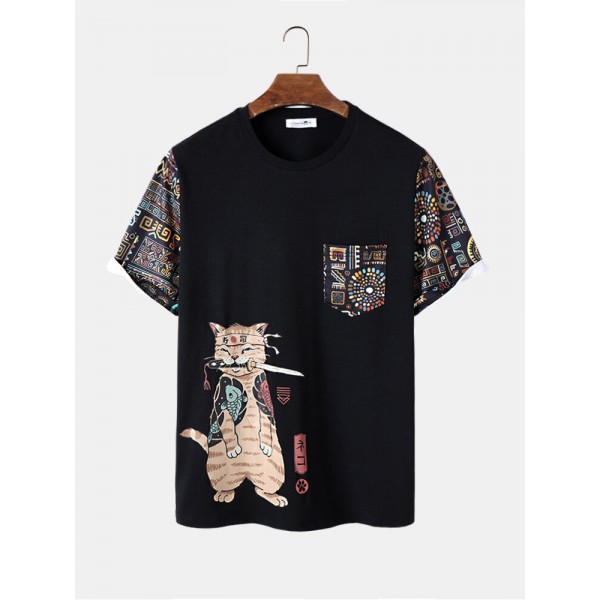 Mens Japanese Cat Geometric Print Crew Neck Short Sleeve T-Shirts