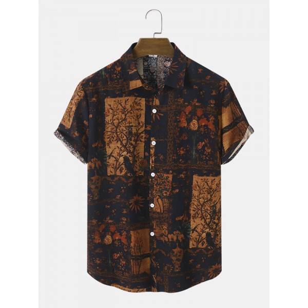 Mens Flower Plant Print Button Up Holiday Short Sleeve Shirts