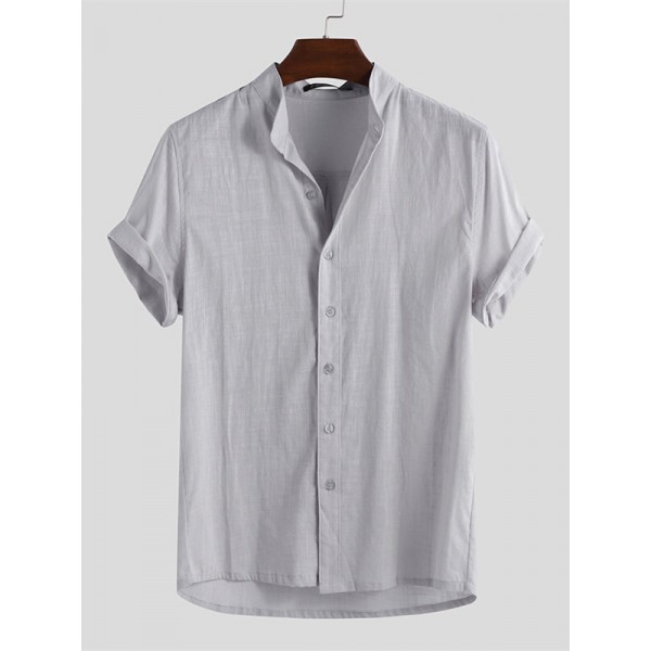 Men's Linen Short Sleeve Shirt Summer Beach Loose Casual Collarless Tops Holiday