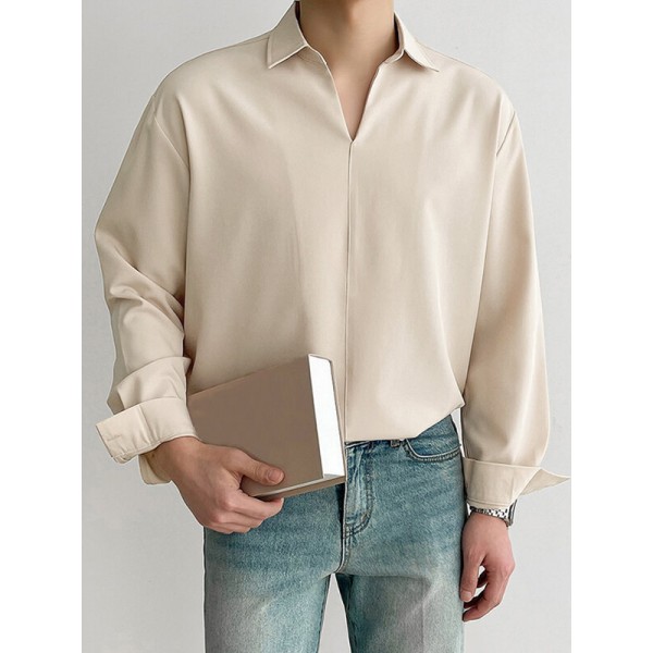 Men Loose Solid Color Long Sleeve Lapel Collar Shirt