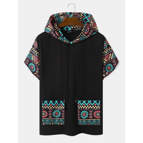 Mens Tribal Geometric Print Patchwork Double Pocket Short Sleeve Hooded T-Shirts