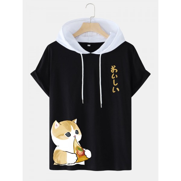 Mens Pizza Cat Japanese Print Short Sleeve Hooded T-Shirts