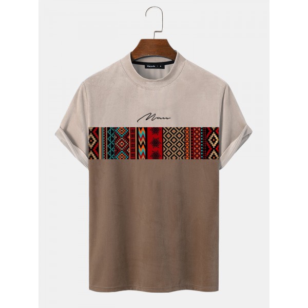 Mens Vintage Geometric Pattern Patchwork Mock Neck Short Sleeve T-Shirts