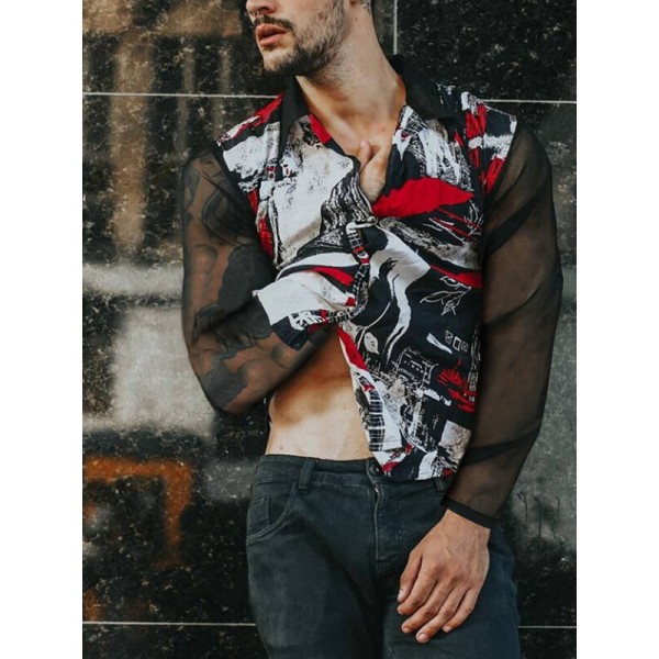 Men Abstract Print Mesh Patchwork Long Sleeve Lapel Collar Shirt