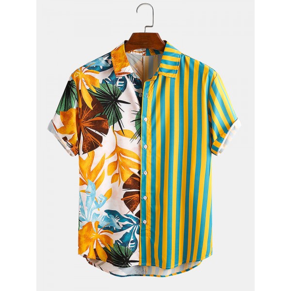 Mskufo Design Men Tropical Leaf Colorful Stripe Mixed Print Short Sleeve Casual Holiday Shirts