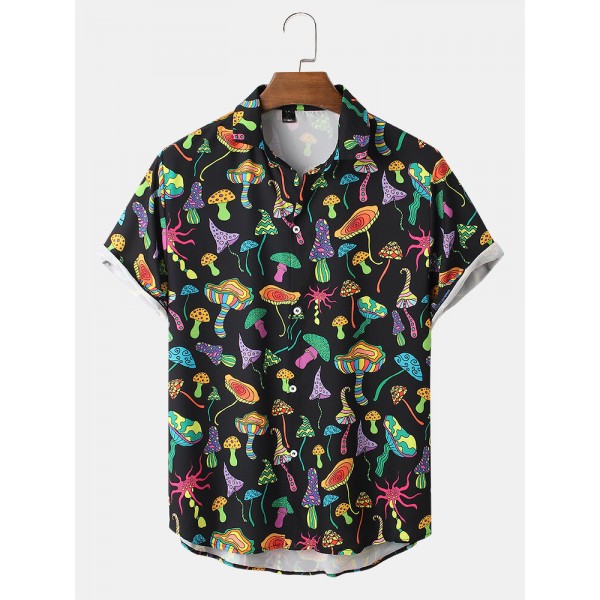 Mens Cartoon Colorful Mushroom Print Lapel Short Sleeve Shirt