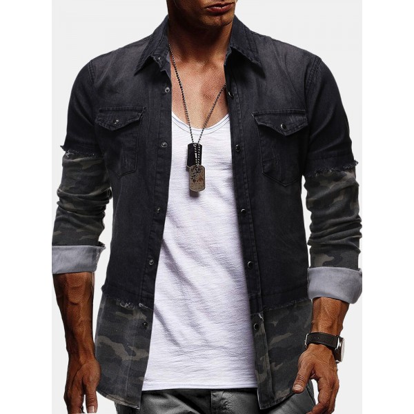 Mens Vintage Denim Patchwork Long Sleeve Casual Shirts