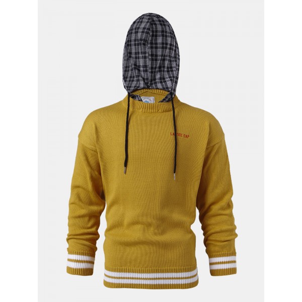 Mens Patchwork Casual Knitted Drawstring Plaid Hooded Sweater