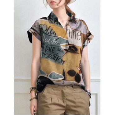 Abstract Painted Letter Plaid Short Sleeve Casual Blouse