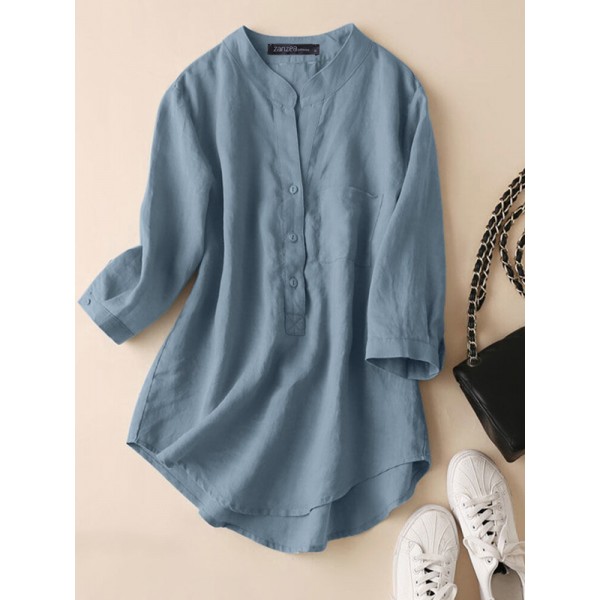 Solid Button Pocket High-Low Hem Casual Cotton Blouse