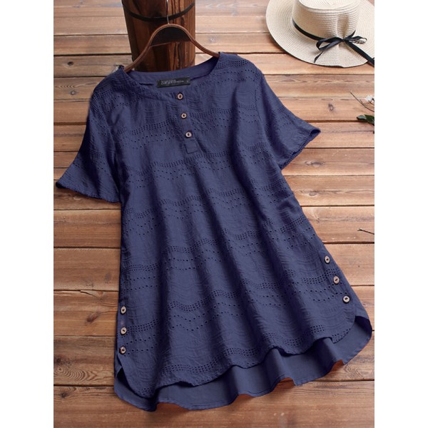 Women Pure Color High聽Low Hem Button Down Short Sleeve Blouse