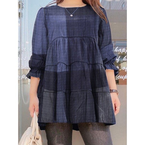 Women Plaid Puff Sleeve Loose Splicing O-neck Pleated Plain Casual Blouses