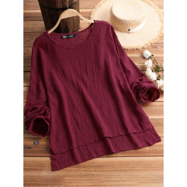 Vintage Loose Women Pure Color O-Neck Short Front Long Back Batwing Long Sleeve T-shirt