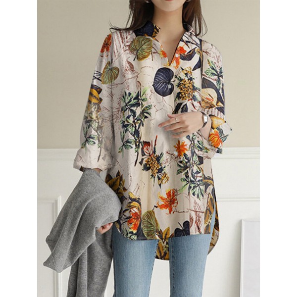 Women Cotton Vintage Floral Leaf Print Casual Loose Shirts with Front Pockets