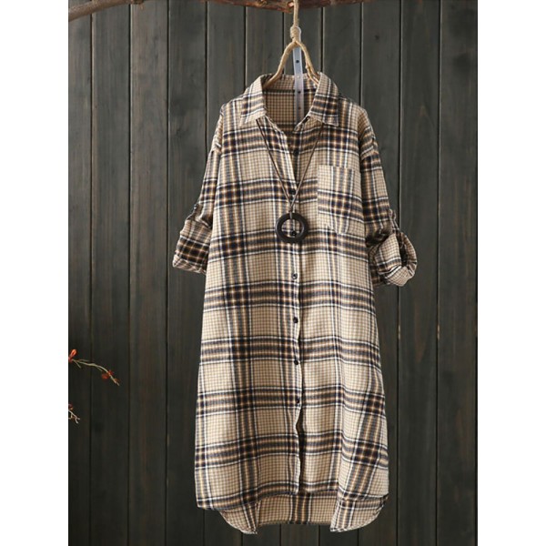 Women Long Sleeve Plaid Casual Asymmetrical Long Blouse