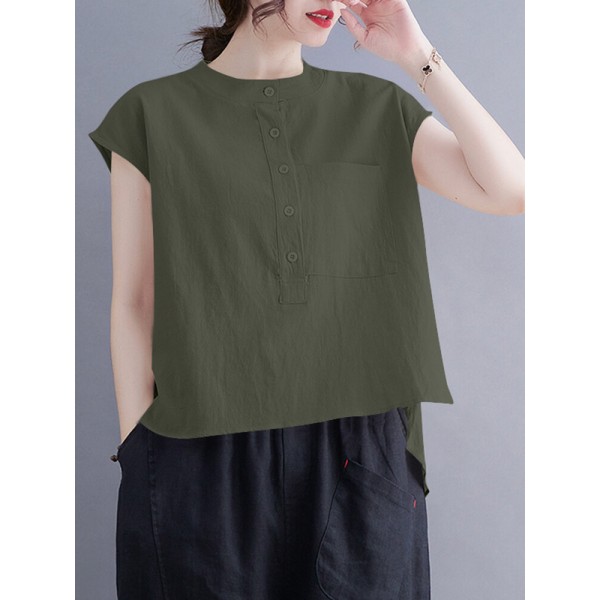 Cotton Solid Button Pocket High-Low Hem Short Sleeve Blouse