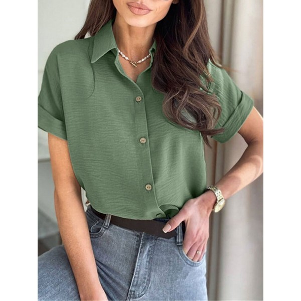 Solid Button Lapel Short Sleeve Split Shirt