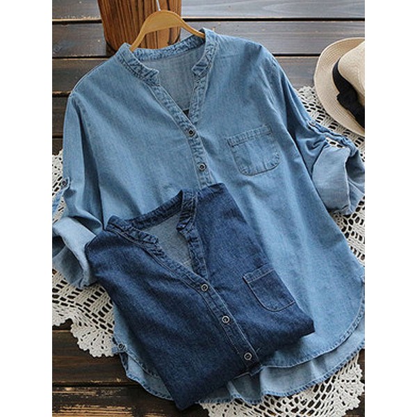 Women Casual Buttons Adjustable Sleeve Denim Blouses