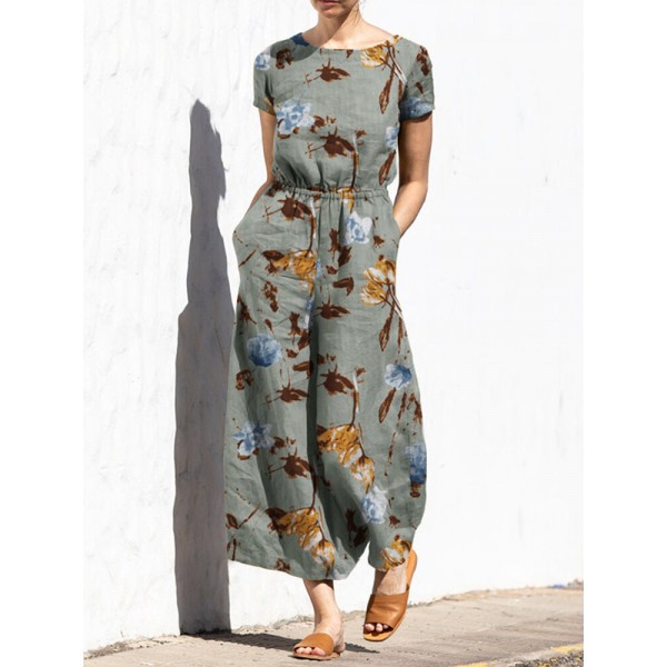 Plant Print Pocket Sash Round Neck Short Sleeve Jumpsuit