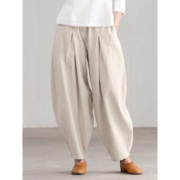 Women Loose 100% Cotton Ankle Length Solid Color Wide Legged Casual Pants